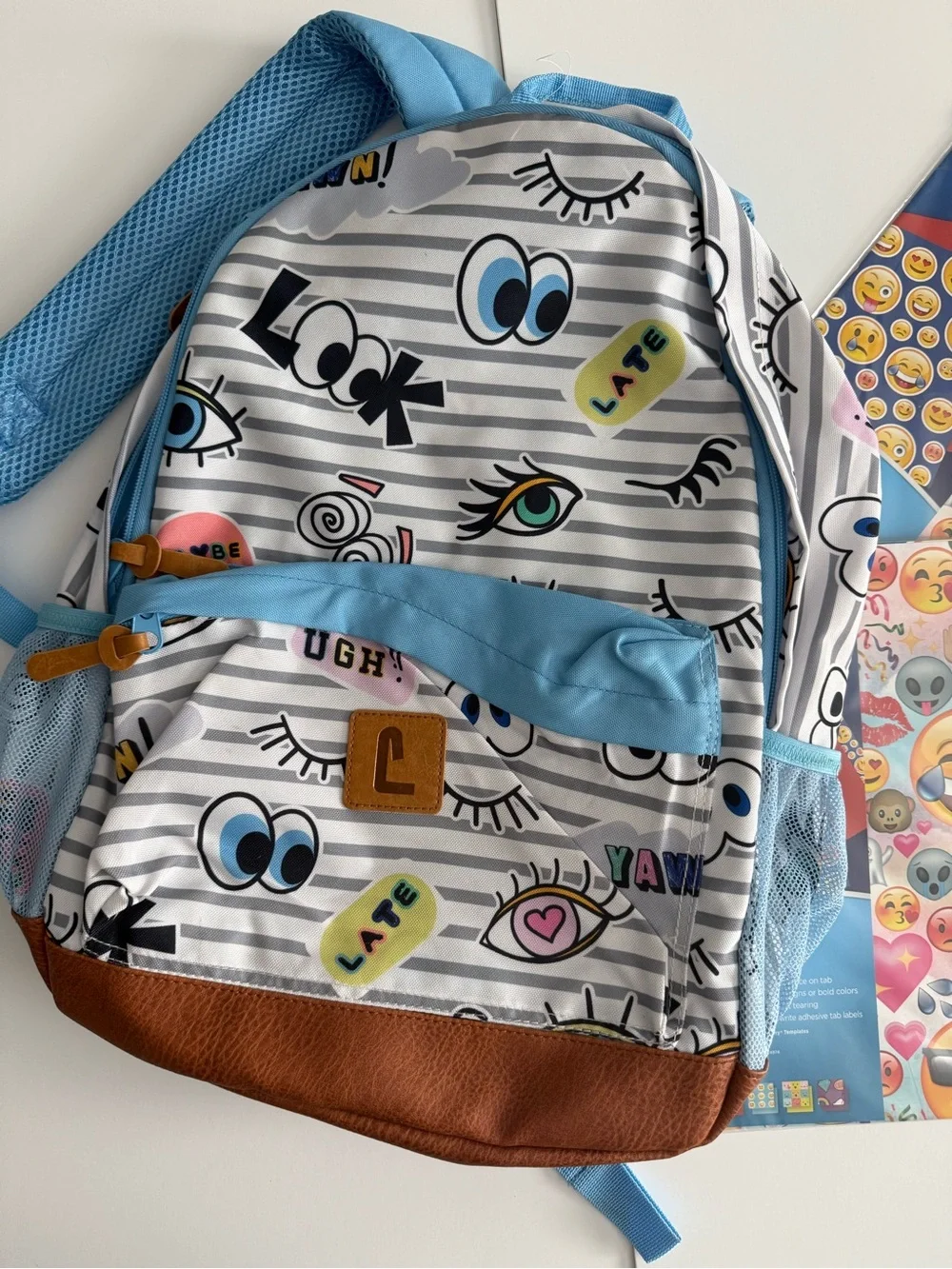 Kids Blue and White Graphic Eye-Print Backpack - Unbranded